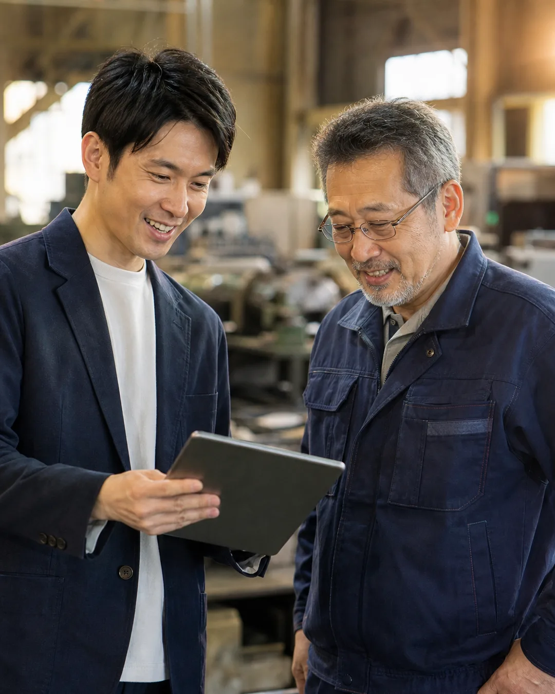 コンサルタントと社長がタブレットを見ながら会話