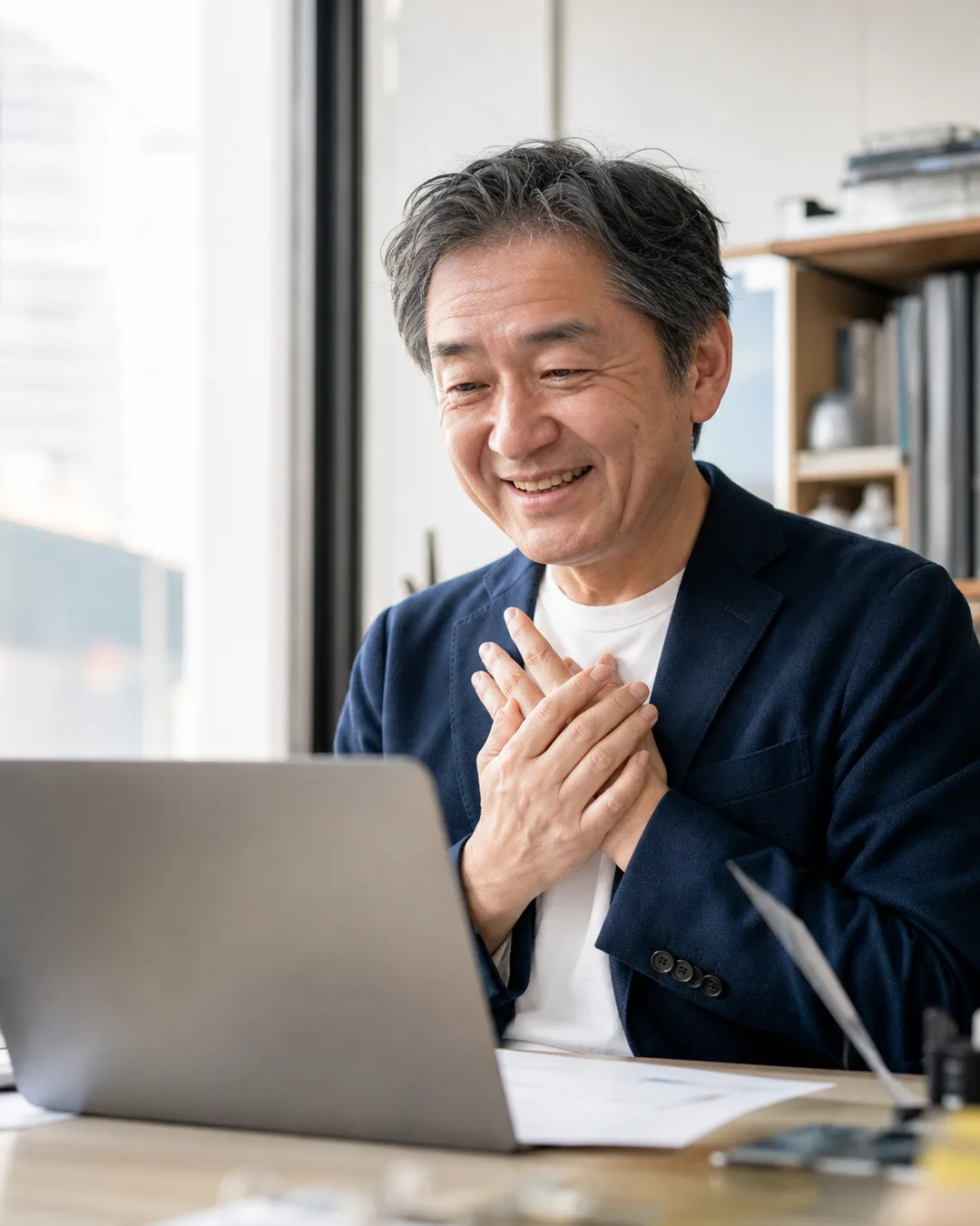 中小企業の社長がZoom越しに笑顔で話している