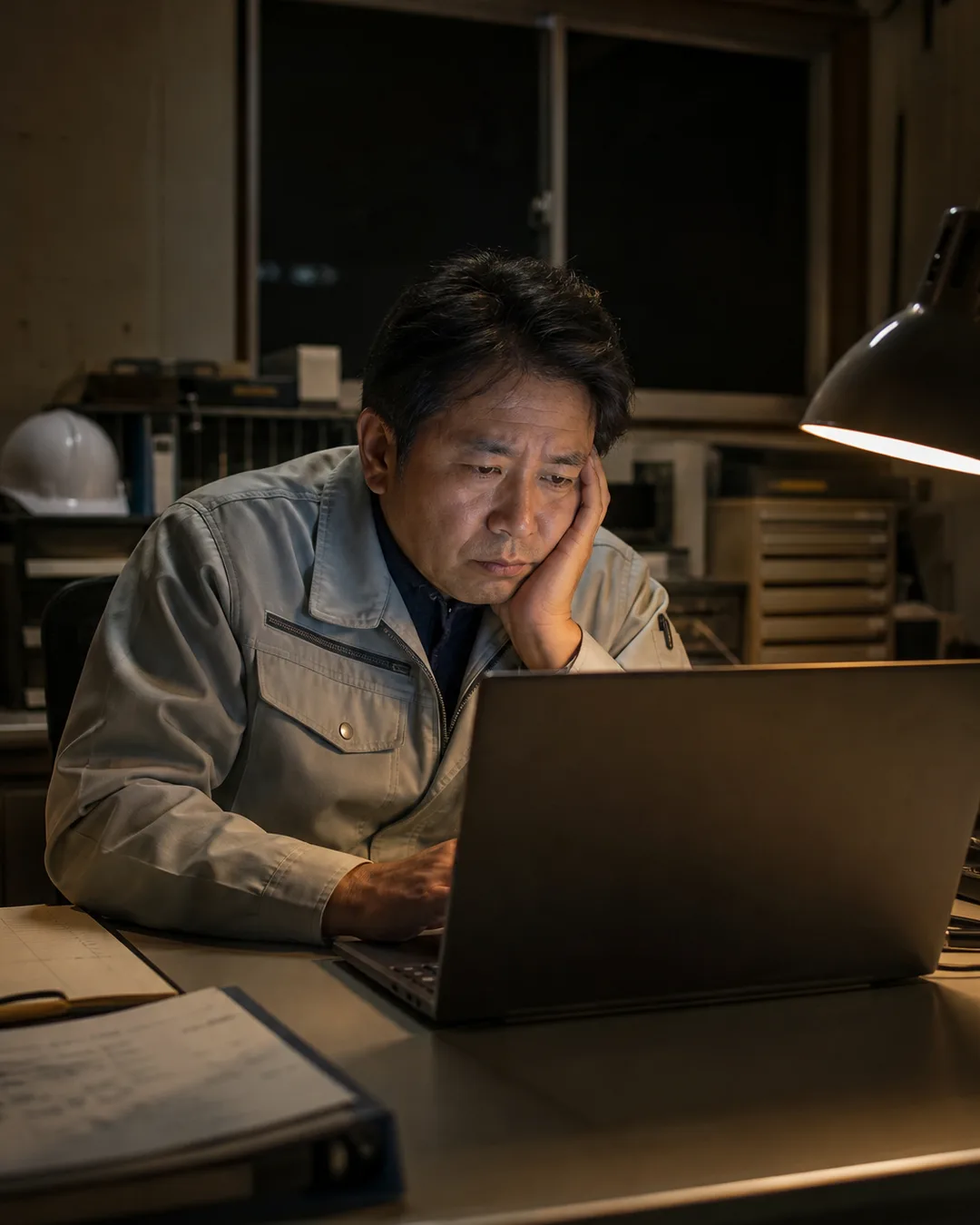社長が夜PCの前で悩んでいる